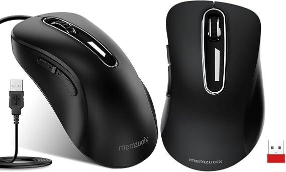 memzuoix 2.4G Wireless Mouse + USB Wired Mouse for Laptop, Desktop, PC, MacBook- 2 Pack (Black)