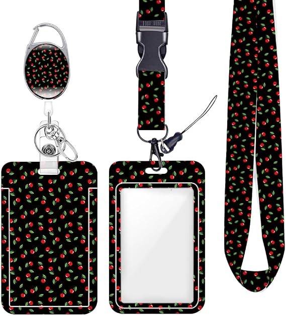 Cherry ID Badge Holder Badge Reel Lanyards for ID Badges Keychain Vertical Protector Retractable Carabiner Clips Heavy Duty Key Lanyard for Women Nurse Doctor Writer Painter Office Accessories