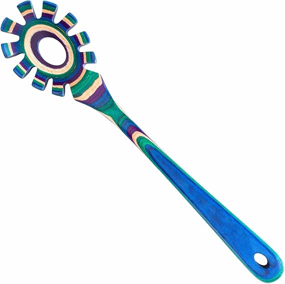 Baltique Mumbai Collection Wooden Spaghetti Spoon 12.5" Pasta Server with Teeth, Colorful Birch Wood Utensil for Portioning, Stirring & Serving Noodles