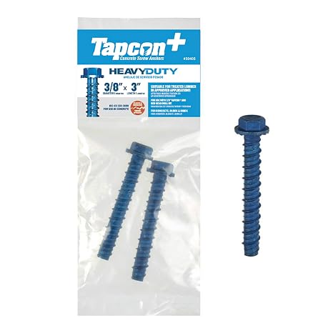 Tapcon+ 3/8 x 3 Inch Heavy-Duty Hex Head Concrete Anchors, 2 PCS, Corrosion Resistant Blue ClimasealTM Coating, Outdoor Rated Use, Concrete Block & Masonry Brick Screws, Drill Bit Sold Separately