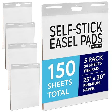 IMPRESA Sticky Easel Pads - Strong Adhesive for Office Supplies - Portable for Flip Chart Easels - Heavyweight White Surface for Art Supplies - 25 x 30 in, White, Pack of 5, 150 Sheets