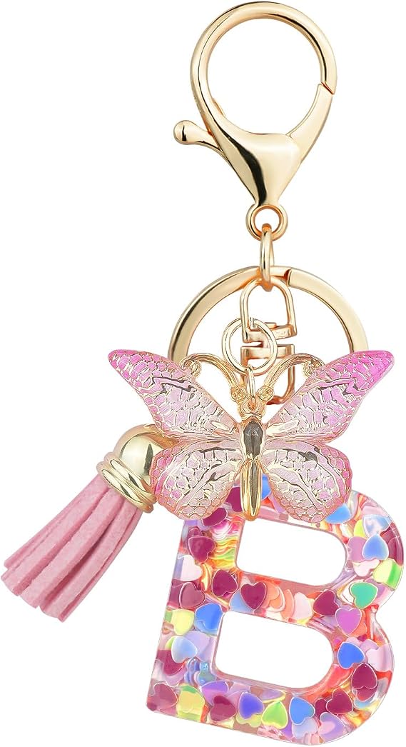 Initial Letter Keychain for Women Tassel Butterfly Pendant Key Ring Cute Car Keychain for Wallet Backpack Bag Charm