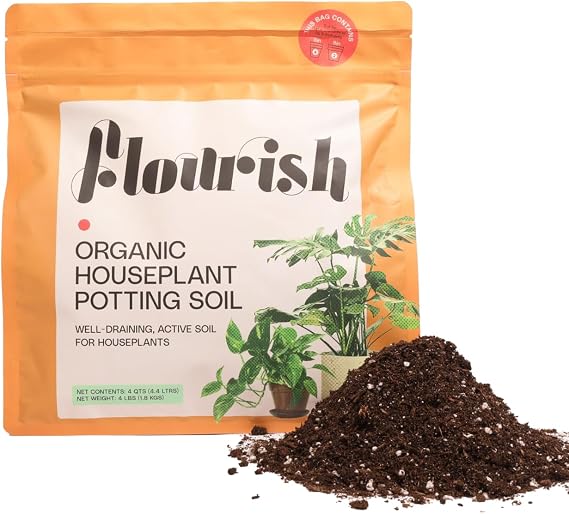 Flourish Plant Organic Houseplant Soil 4 qt Potting Mix for Indoor Plants, Boosts Roots & Reduces Transplant Shock, with Peat for Moisture Retention, USA Made