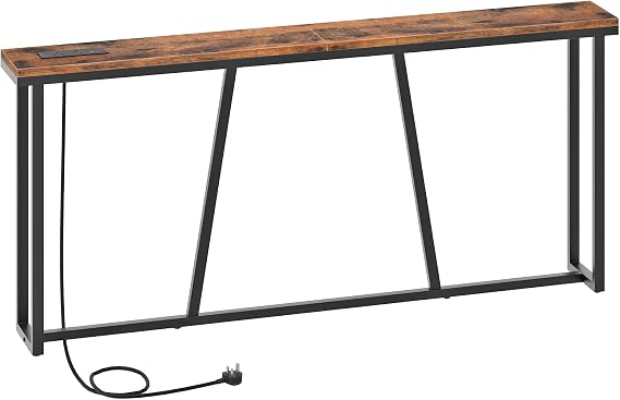HOOBRO Console Table, 180 cm Slim Console Table with Charging Station, Long Behind Sofa Table, Narrow Hallway Table,for Hallway, Entryway, Living Room, Rustic Brown and Black EBF158KXG01