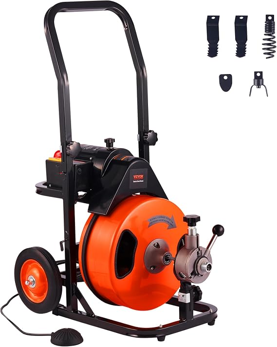 VEVOR Drain Cleaner Machine 100FT x 3/8Inch, Auto Feed Sewer Snake Auger with 4 Cutter & Air-activated Foot Switch for 1" to 4" Pipes, Orange, Black
