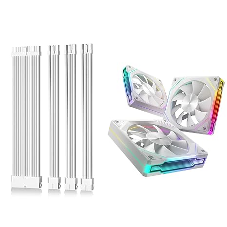 AsiaHorse White PSU Cable Extension Kit, Easy to Shape, with AMICI-5GT RGB PC Fans, Infinity Mirror ARGB Fans HDB Bearing and 1800 RPM Speed