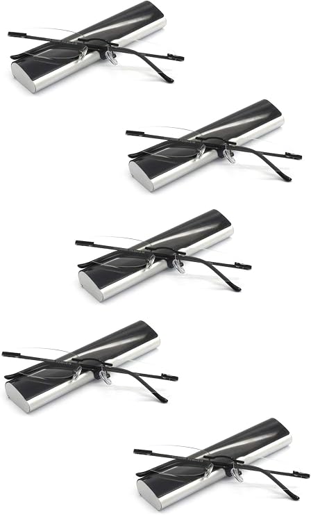5 Pairs Metal Rimless Reading Glasses with Spring Hinge Light Slim Case for Men Women
