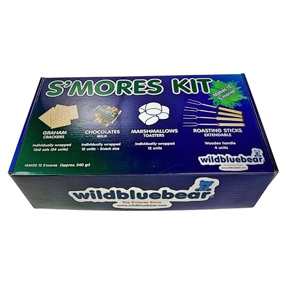 WBB | S'mores Kit Box | Individually wrapped items | Complete Set with Roasting Sticks, Graham Crackers, Chocolate, Marshmallows | Makes 12 S'mores