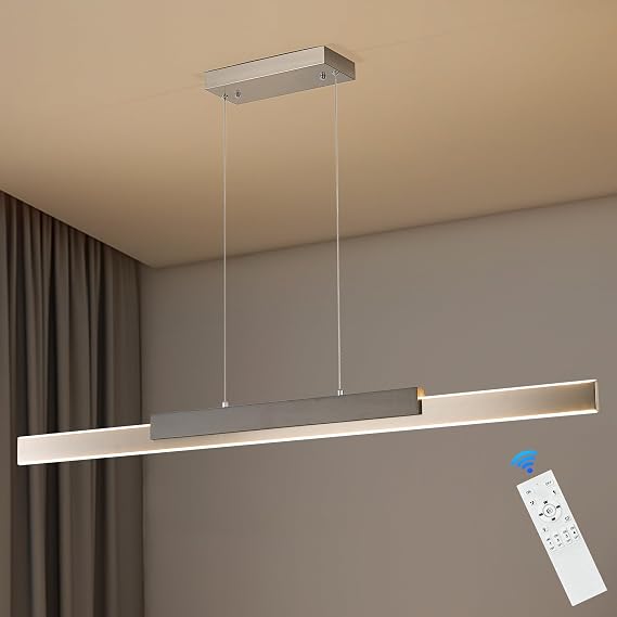 Modern LED Linear Pendant Light 52in Brushed Nickel Chandelier Dimmable | Long Island Light Wood Hanging Light for Dining Room Kitchen Island Home Office