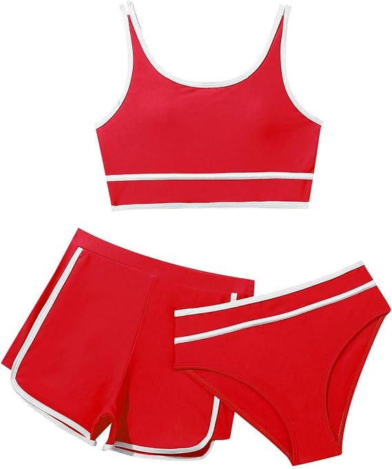 Girl's 3 Piece Swimsuit Beach Athletic Bathing Suit Solid Color Bikini Set Summer Crop Top Briefs and Shorts Swimwear Tween Tankini Swimming Costume Girls Swim Separates,8-14 Years