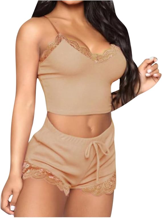 Women's Nightgown Two Piece Lace Satin Spaghetti Strap Bralette and Shorts Sleepwear Sexy Teddy Babydoll Lingerie