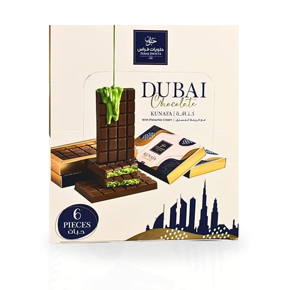 Feras Sweets Dubai Viral Kunafa Chocolate Bar 200GMS - Kunafa Pistachio Chocolate Bar Includes Creamy Pistachio Kunafas and Smooth Rich Chocolates into a Single Bite - Trending Delight Arab (Box of 6)