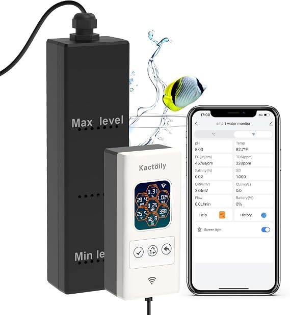 Kactoily Smart Aquarium Monitor All in One pH/ORP/Salt/S.G/TDS/EC/Temp 24h Online Freshwater and Saltwater Fish Tank Tester (WiFi Version)