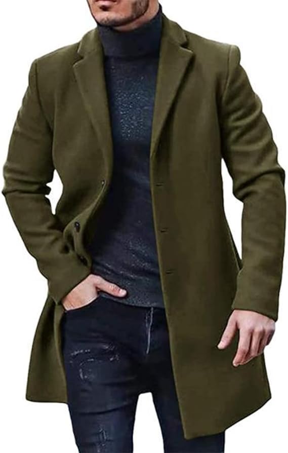 SOMTHRON Men's Trench Coat Slim fit Single Breasted Notch Lapel Mid Long Jacket Business Fall Winter Overcoat Pea Coat