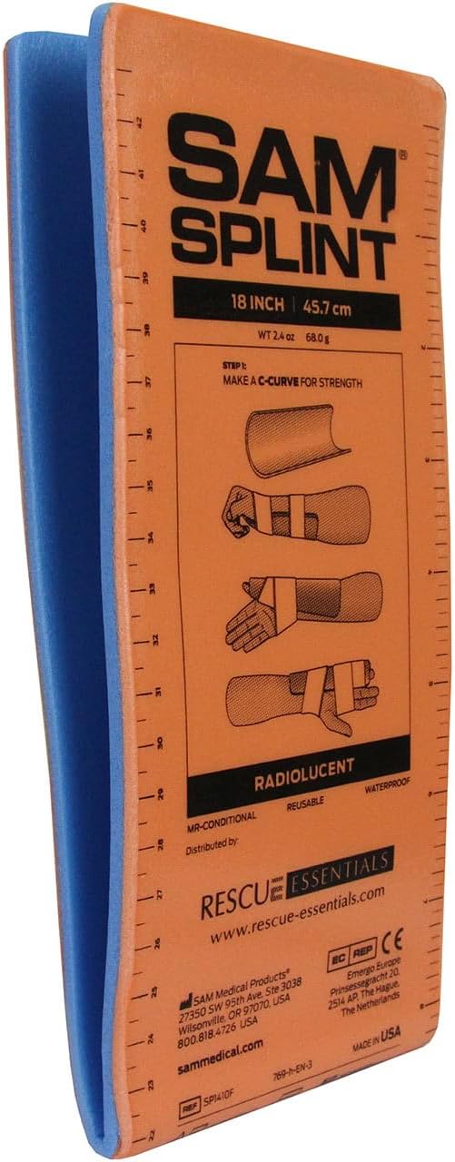 SAM Medical SAM Splint Medium Flat Fold 18" x 4.25" - Moldable Aluminum Foam Splint for Fractures, Sprains & Strains, Orange/Blue - 1 Count