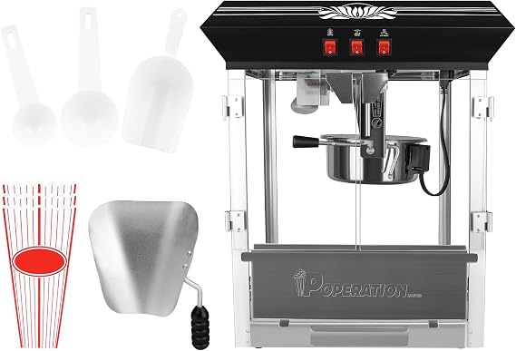 Commercial Popcorn Machine, 12 Oz Kettle, 850 W, Movie Theater Popcorn Machine, Black Tabletop Pop Corn Machine with 3-Switch Control & Steel Frame Tempered Glass Doors
