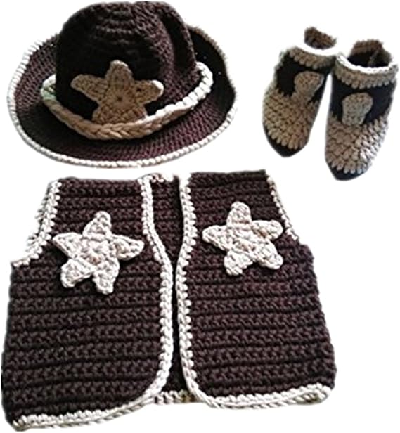 Pinbo Newborn baby boys Photo Prop Crochet Cowboy Set Hat Vest Boots Costume