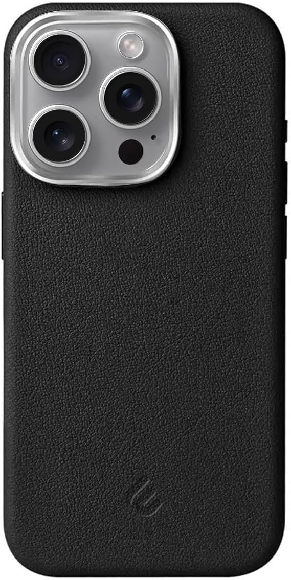 Minesk iPhone 16 Pro için MagSafe ile Uyumlu Çizilmeyen ve Parmak İzi Tutmayan Deri Görünümlü Metal Tuşlu ve Metal Lens Çerçeveli Hybrid Silikon Kılıf (Siyah, 16 Pro)