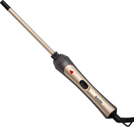 Bauer Professional TourmaPro Slimline Curling Wand/Ultra Slim 9mm Barrel / 200° Heat, 360° Swivel Cord and Cool Touch Tip/Grey & Gold