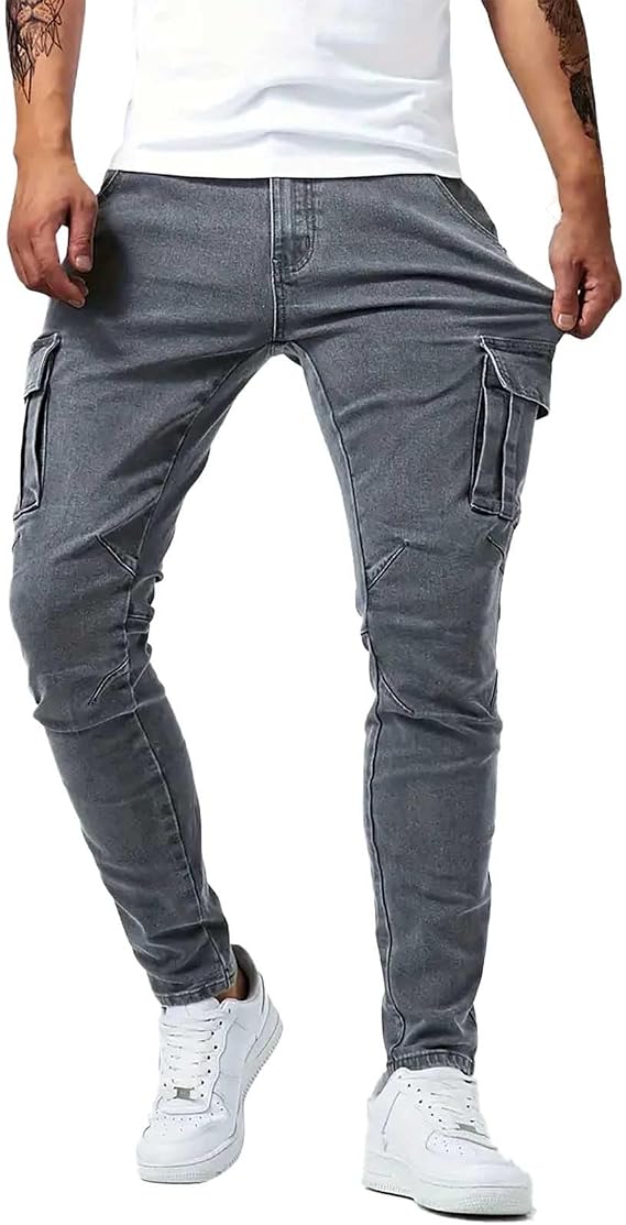 Jeans for Men UK, Slim Fit Stretch Skinny Denim Trousers Comfortable Hard Wearing Multi-Pocket Cargo Jeans Classic Regular Fit Casual Denim Pants Lightweight Basic Jean