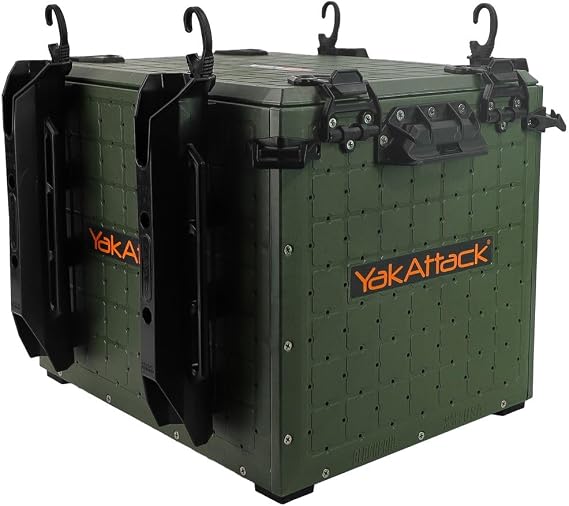 YakAttack BlackPak Pro Kayak Fishing Crate - Ranger Green | 13" x 16" Riggable Kayak Gear Storage System with Hinged Lid, GridLoc Mount Panels & 4 TetherTube Rod Holders | Lightweight Tankwell Crate