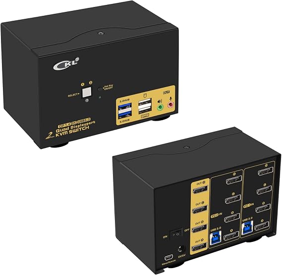 CKL 2 Port USB 3.0 KVM Switch 4 Monitor DisplayPort 1.4 4K@144Hz 8K@30Hz for 2 Computers, PC Screen Keyboard Mouse Peripheral Audio Sharing Selector Box, with All Cables (624DP-4)