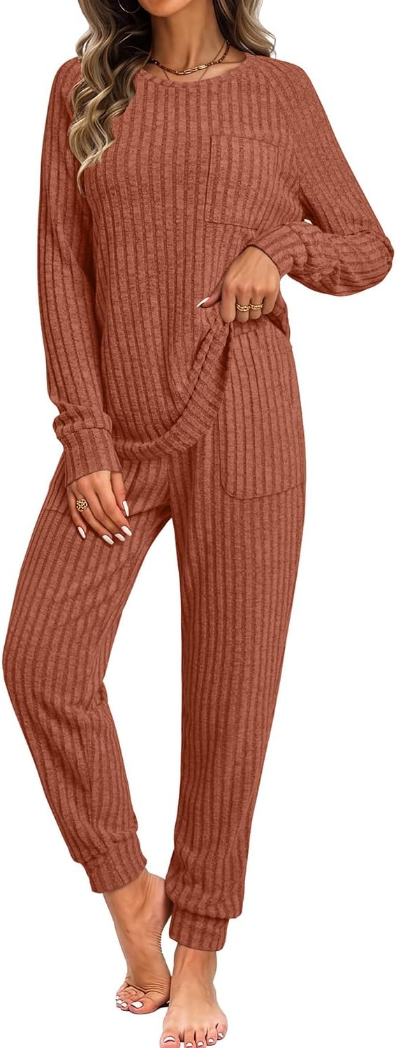 JUSTFASHIONNOW Womens Ribbed Lounge Sets 2 Piece Outfits Knit Sweater Sets