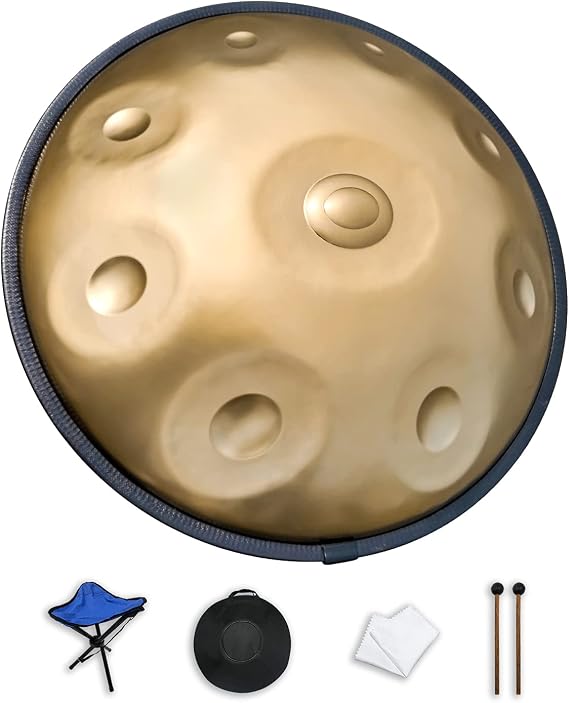 Handpan drum in D Minor 9 Notes 22 inches Steel Hand Drum,Handpan drum instrument with Soft Hand Pan Bag,handpan mallet,Handpan Stand,dust-free cloth.(Gold)