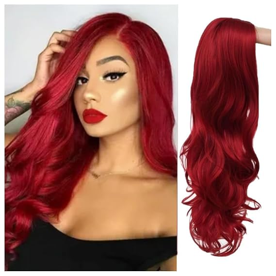 Red Long Curly Wavy Wig for Women Synthetic Side Part Natural Hairline Heat Resistant Fiber Hair Wigs for Halloween Cosplay Party