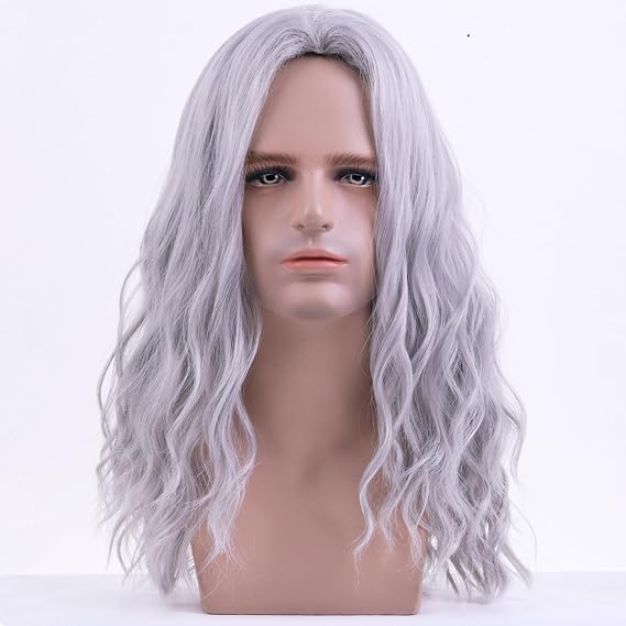 BERON Mens Silver Grey Long Wigs With Halloween Cosplay Costume Party Wig Curly Middle Part Hair Wigs