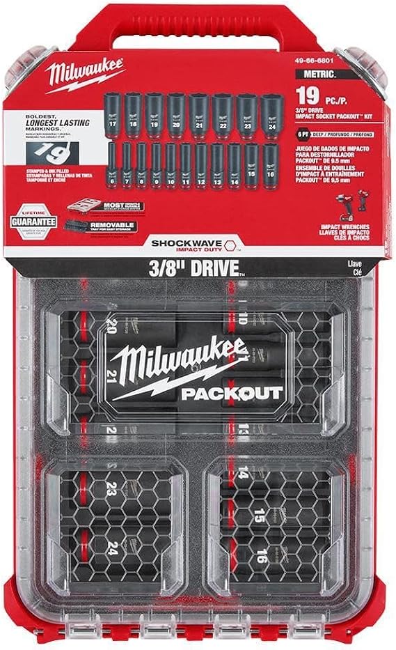 Milwaukee 4932480946 3/8 Drive Packout Deep Impact Shockwave Socket Set 19 Piece