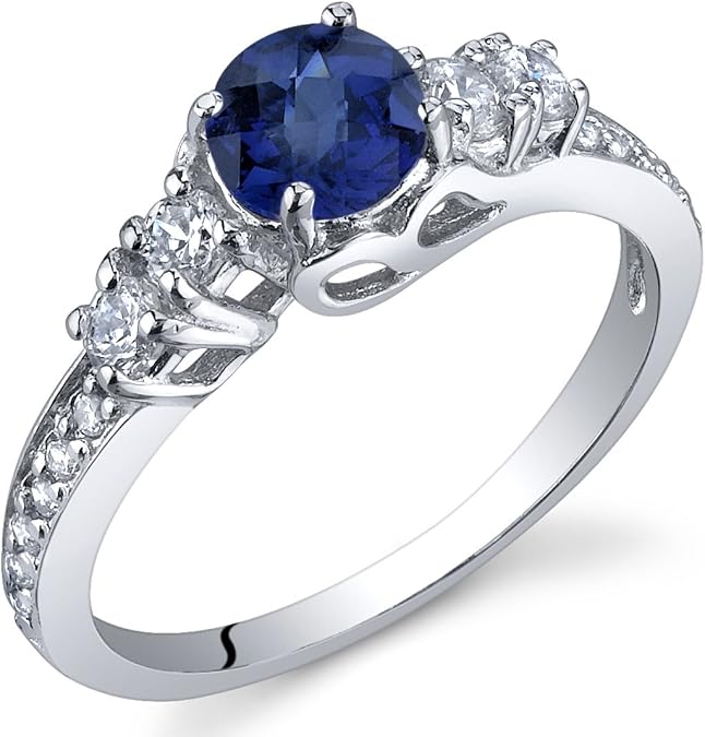 PEORA Created Blue Sapphire Women Ring 925 Sterling Silver, Enchanting Solstice Design, 0.75 Carat Round 5mm Sizes 5 to 9