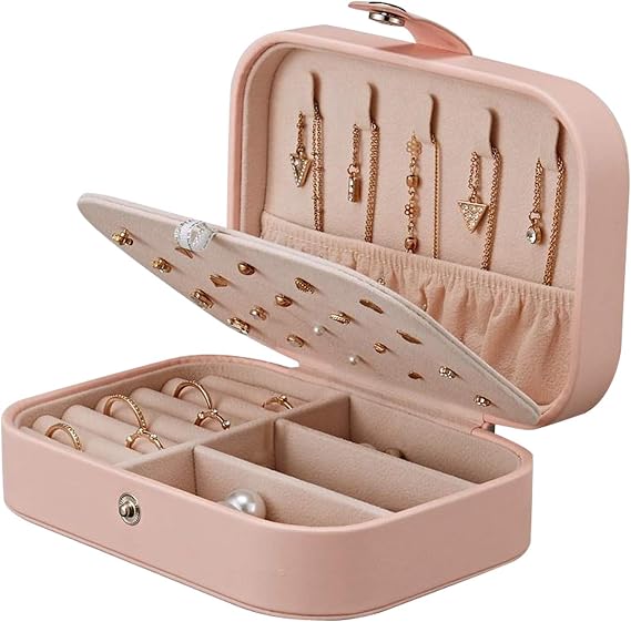 SUA Jewelry Box for Women, Portable Double-Layer Jewelry Storage Box, Earrings, Rings, Necklaces, Bracelets, PU Leather Compact Portable Jewelry Suitcase, Pink Jewelry Box