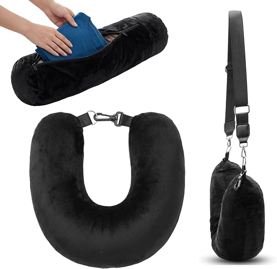 Stuffable Neck Pillow for Travel, U-Shaped Pillow with Storage Bag, Neck Pillow Storage with Adjustable Strap, Travel Pillow with Soft Head Support for Airplane, Camping, Train, Hiking