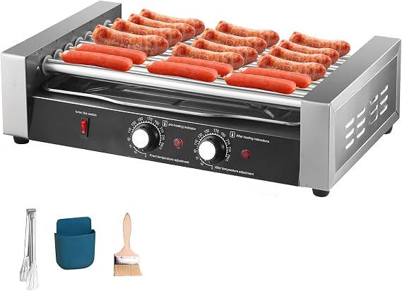 Commercial Hot Dog Roller,7 Rollers Automatic Grill Cooker Machine - 1200W 110V, Double Temp Control Hot Dog Grill Machine with Removable Oil Drip Tray