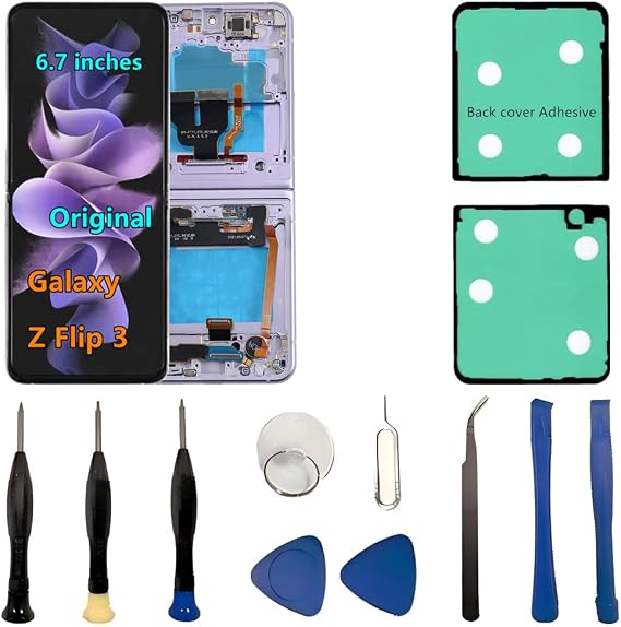 6.7" Original AMOLED for Samsung Galaxy Z Flip 3 Screen Replacement Z Flip3 5G SM-F711U SM-F711U1 Inner Foldable Display Touch Screen Digitizer Assembly. (with Purple Frame+Back Cover Adhesive+Tools)