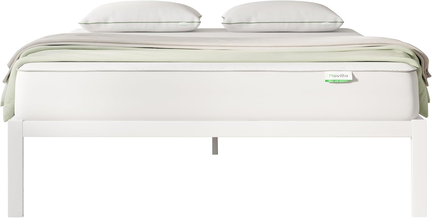 Novilla 30.5cm Metal Bed Frame, Platform Bed Frame with Noise-Cancell Design, Engineered Wood Slat Support, Solid Support Legs, Easy Assembly, Underbed Storage Space 120x200cm, White