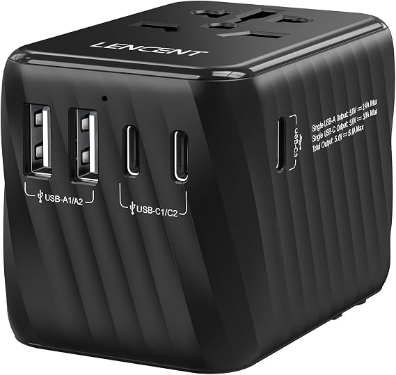LENCENT Universal Travel Power Adapter, International AC Plug Adaptor | with 3 USB C 2 USB A Ports Wall Charger Worldwide Travel Essentials for US to EU UK Ireland Australia (Type C/G/A/I) Black