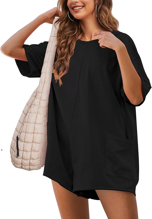 Yeokou Rompers for Women Casual Short Sleeve Oversized Athletic Workout Reversible Hot Shot Tee Romper Deep Pockets