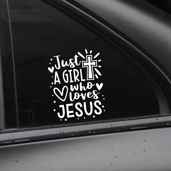 Just A Girl Who Loves Jesus Decal Car Sticker, 6.1"4.6" Jesus Cross Vinyl Sticker Car Bumper Decal, Waterproof Auto Exterior Decoration Decals for Cars, Truck, Wall, Window, Laptop (White)