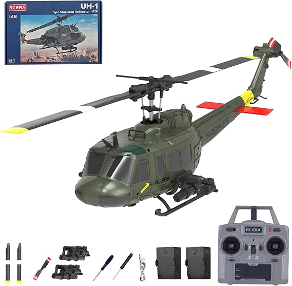RC Helicopter, 1:48 Scale UH-1 Huey Military Helicopter, 2.4GHZ 6CH with Single Propeller Aileronless Brushless Motor, 6-axis Gyro, Altitude Hold, and 3D One Key Function (2 Battery)