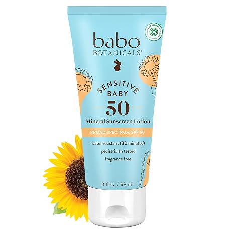 Babo Botanicals Sensitive Baby Mineral Sunscreen Lotion SPF50 - Natural Zinc Oxide - Face & Body - Fragrance-Free - Water-Resistant - EWG Verified - Vegan - Extra Sensitive Skin - For Babies & Kids