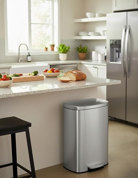 Garvee 13 gal / 50 L Stainless Steel Kitchen Trash Can with Lid, Large Rustproof Garbage Can for Kitchen, Step-on Metal Trash Bin with Inner Bucket, Rear Handle, Soft Close Lid, Silver