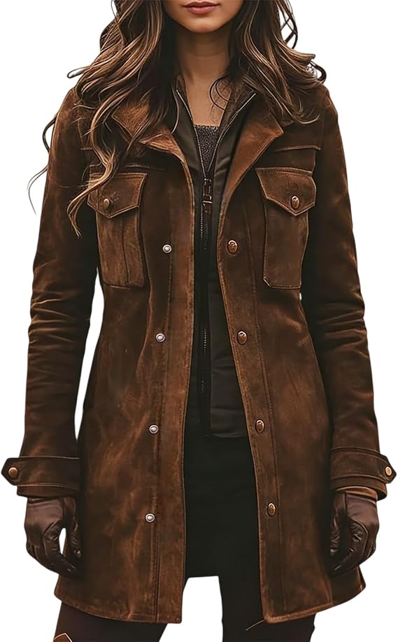ZWRXW Faux Suede Leather Jacket for Women Midi Long Shacket Coats Vintage Brown Jackets Fashion Long Trench Coat Windbreaker