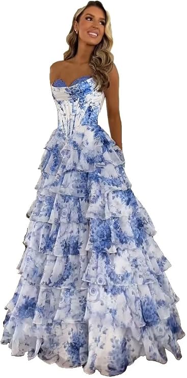 Strapless Tiered Prom Dresses for Women 2025 Long Ball Gown Satin Chiffon Lace Formal Evening Gowns with Slit 946