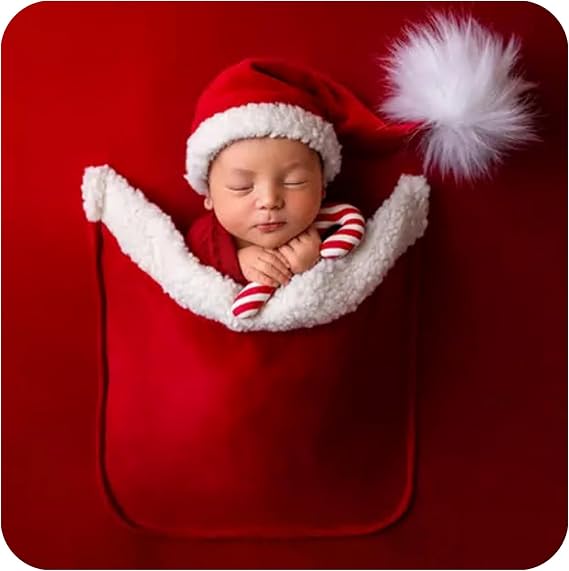 Newborn Photography Props Christmas Backdrop with Pocket & Santa Claus Hat