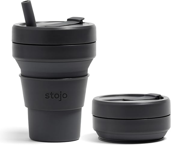 STOJO On-The-Go Biggie Collapsible Coffee Cup with Lid - 16oz / 473ml - Reusable & Foldable Silicone Travel Mug - Portable, Pocket Size - Dishwasher Safe - Carbon