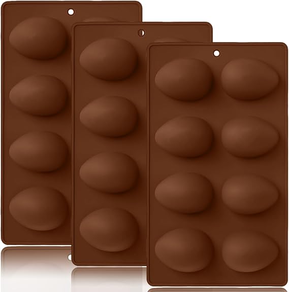 3 Pack 3D Easter Egg Silicone Molds, 8 Cavity Egg Shape Non-stick Baking Molds Tray DIY Baking Tool for Easter Chocolate Cake Dessert Muffin Mousse Pastry Handmade Soap Crayons(Brown)