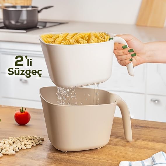 Porsima G-576 2 Parça Plastik Süzgeç Çok Amaçlı Makarna Meyve Sebze Pirinç Yıkama Süzgeci Bej Beyaz