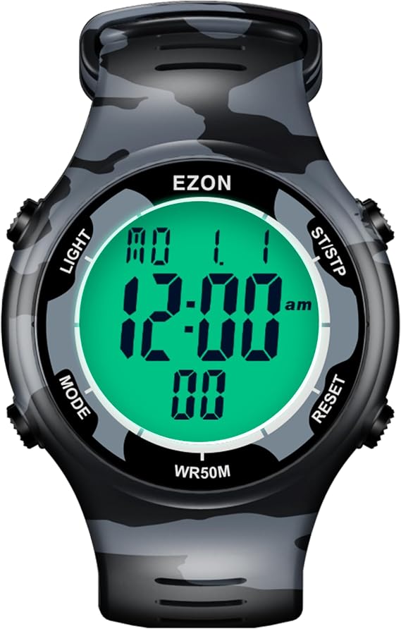 EZON Digital Watch with Stopwatch Countdown Timer Alarm EL Backlight,Ultra-Thin Large Display 5ATM Waterproof Digital Wrist Watches for Men Women